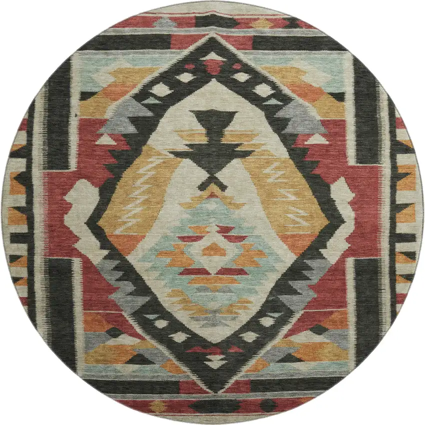 8' Red Charcoal And Gold Tribal Washable Round Rug With UV Protection Photo 1