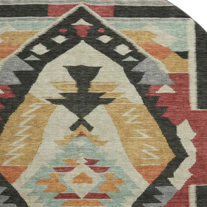 8' Red Charcoal And Gold Tribal Washable Round Rug With UV Protection Photo 3