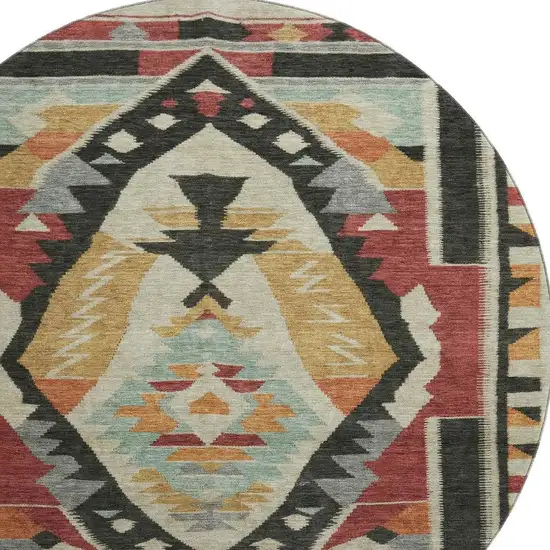 8' Red Charcoal And Gold Tribal Washable Round Rug With UV Protection Photo 4