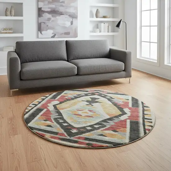 8' Red Charcoal And Gold Tribal Washable Round Rug With UV Protection Photo 2