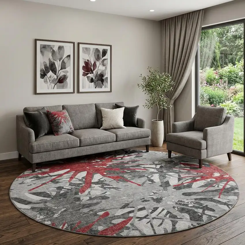 8' Red Charcoal And Gray Abstract Washable Round Rug With UV Protection Photo 1