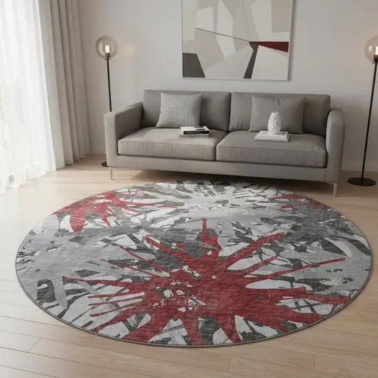 8' Red Charcoal And Gray Abstract Washable Round Rug With UV Protection Photo 1