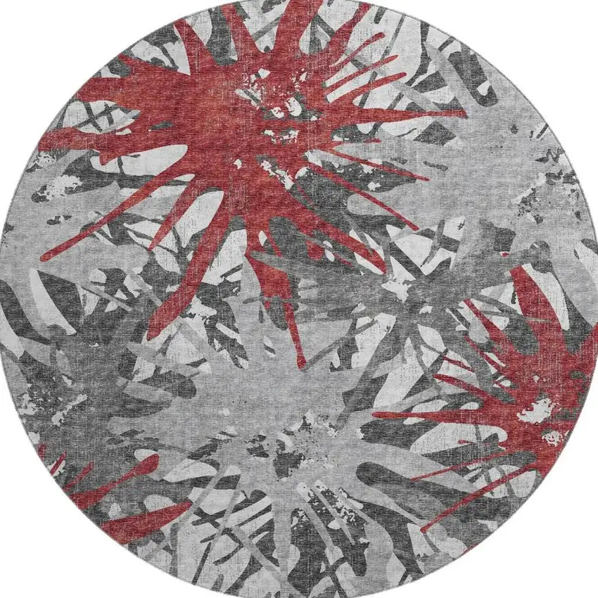 8' Red Charcoal And Gray Abstract Washable Round Rug With UV Protection Photo 4
