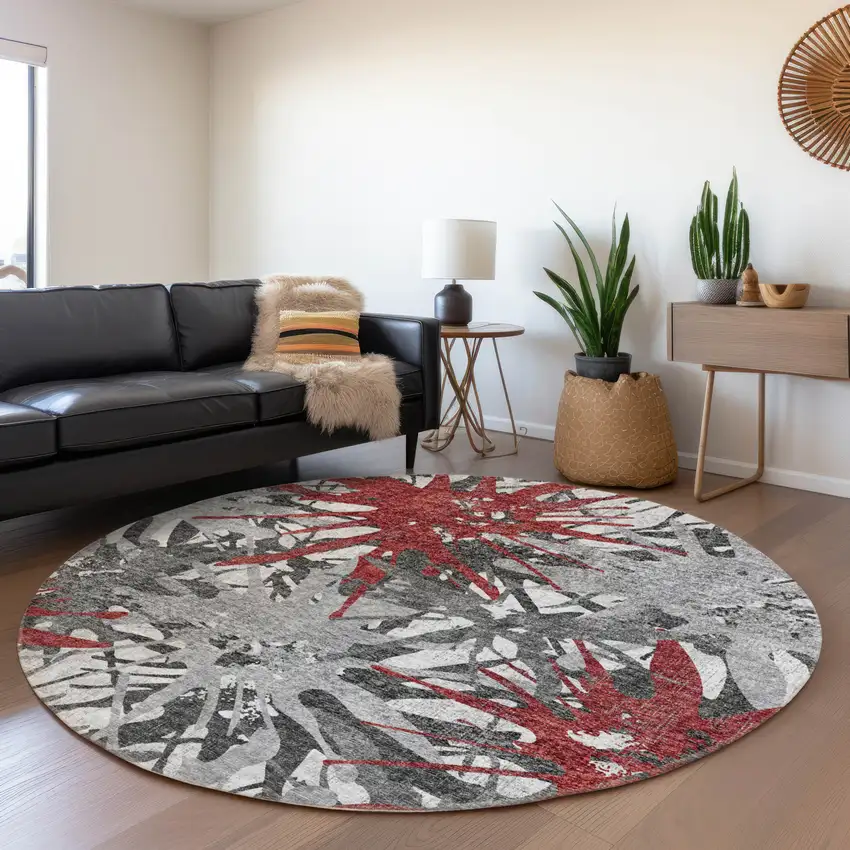 8' Red Charcoal And Gray Abstract Washable Round Rug With UV Protection Photo 5