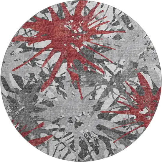 8' Red Charcoal And Gray Abstract Washable Round Rug With UV Protection Photo 2