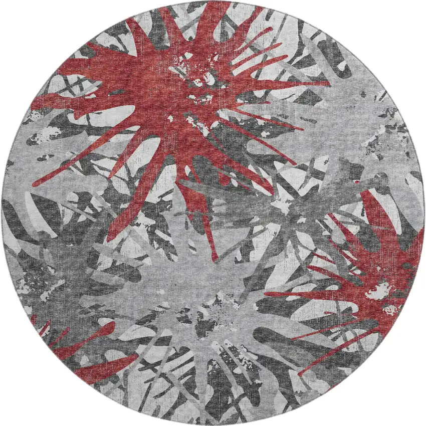 8' Red Charcoal And Gray Abstract Washable Round Rug With UV Protection Photo 2