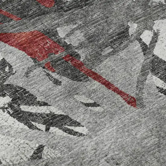 8' Red Charcoal And Gray Abstract Washable Round Rug With UV Protection Photo 9