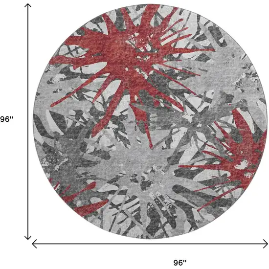 8' Red Charcoal And Gray Abstract Washable Round Rug With UV Protection Photo 3