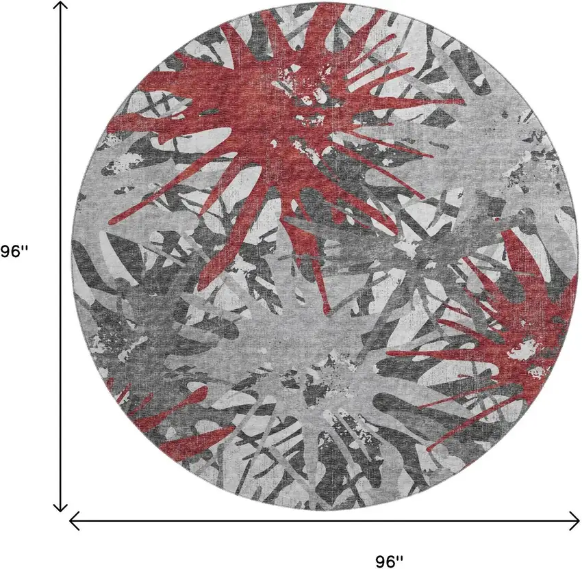8' Red Charcoal And Gray Abstract Washable Round Rug With UV Protection Photo 3