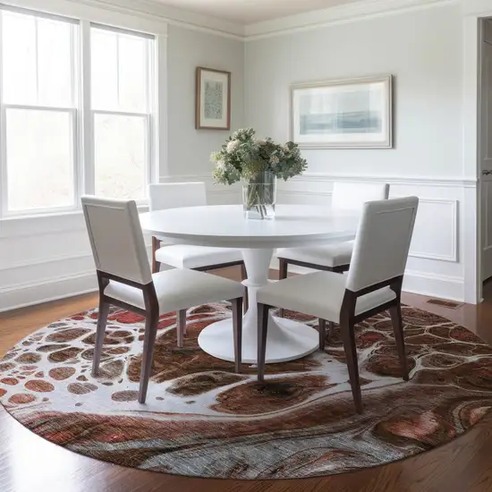 8' Red Copper And Gray Round Nautical Washable Indoor Outdoor Area Rug Photo 7