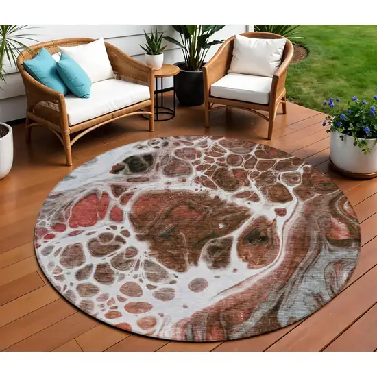 8' Red Copper And Gray Round Nautical Washable Indoor Outdoor Area Rug Photo 1