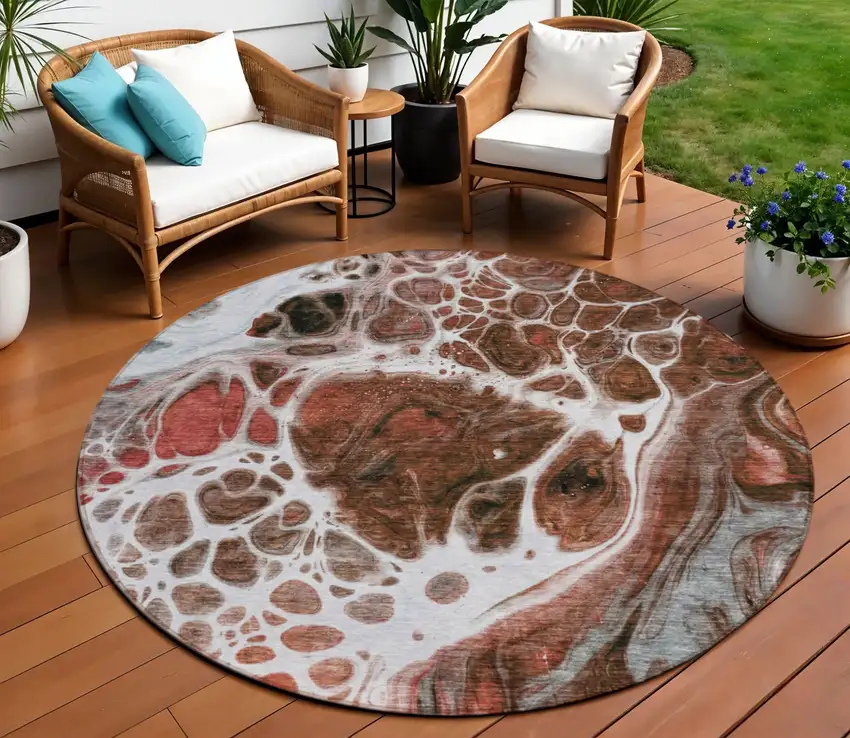 8' Red Copper And Gray Round Nautical Washable Indoor Outdoor Area Rug Photo 1