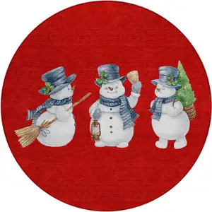 Photo of 8' Red Denim Blue And Ivory Round Botanical Leaves Washable Indoor Outdoor Area Rug