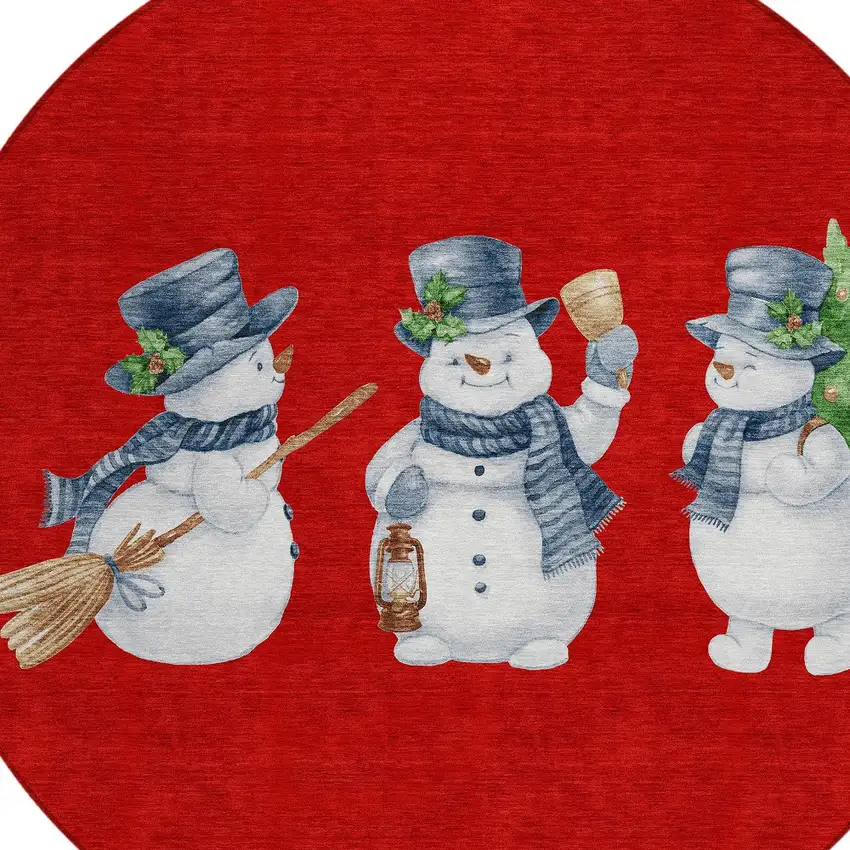 8' Red Denim Blue And Ivory Round Botanical Leaves Washable Indoor Outdoor Area Rug Photo 9