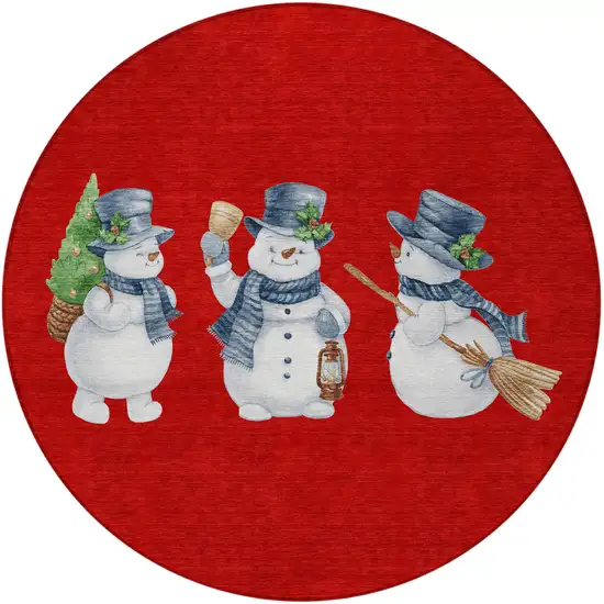 8' Red Denim Blue And Ivory Round Botanical Leaves Washable Indoor Outdoor Area Rug Photo 4