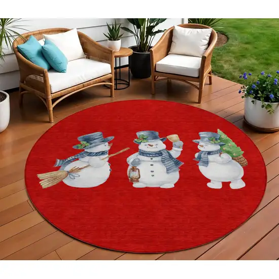 8' Red Denim Blue And Ivory Round Botanical Leaves Washable Indoor Outdoor Area Rug Photo 2