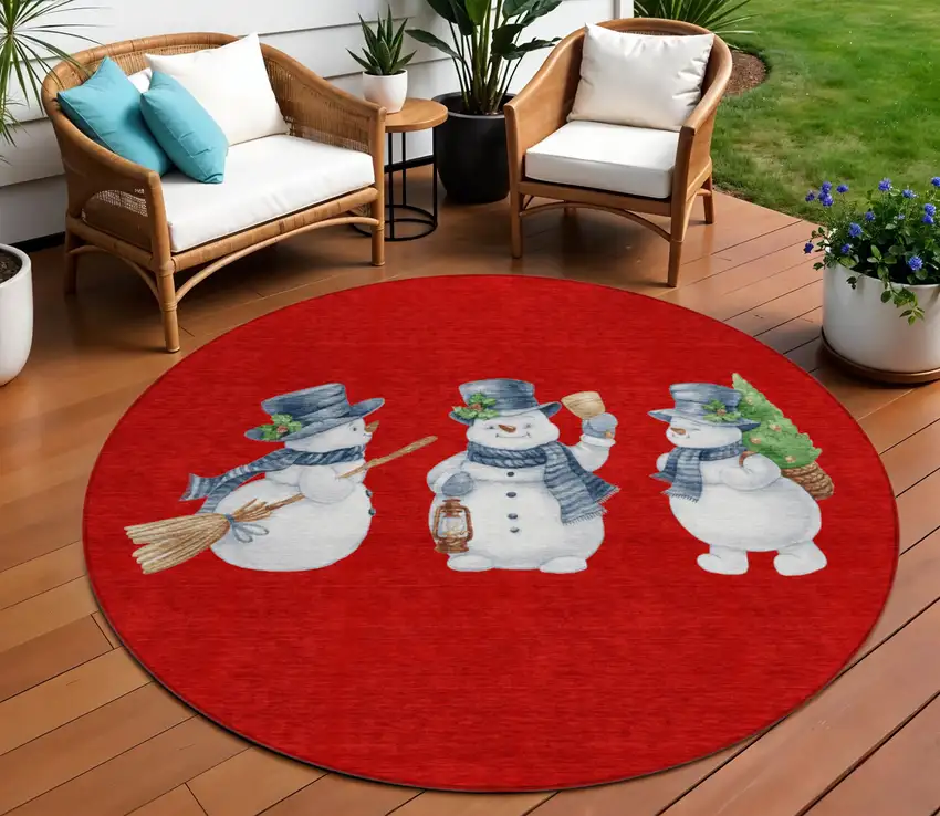 8' Red Denim Blue And Ivory Round Botanical Leaves Washable Indoor Outdoor Area Rug Photo 2