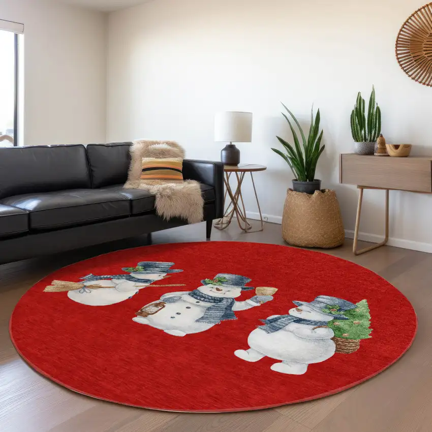 8' Red Denim Blue And Ivory Round Botanical Leaves Washable Indoor Outdoor Area Rug Photo 6