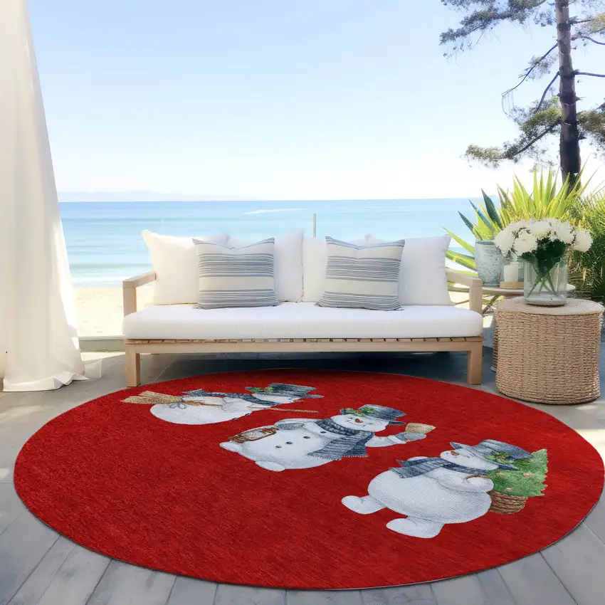 8' Red Denim Blue And Ivory Round Botanical Leaves Washable Indoor Outdoor Area Rug Photo 5