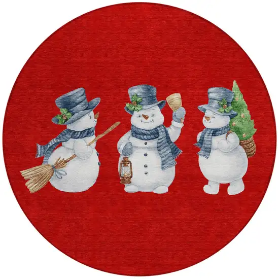 8' Red Denim Blue And Ivory Round Botanical Leaves Washable Indoor Outdoor Area Rug Photo 3