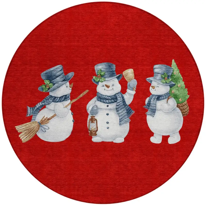 8' Red Denim Blue And Ivory Round Botanical Leaves Washable Indoor Outdoor Area Rug Photo 3