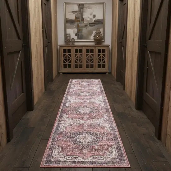 10' Red Floral Distressed Runner Rug Photo 1