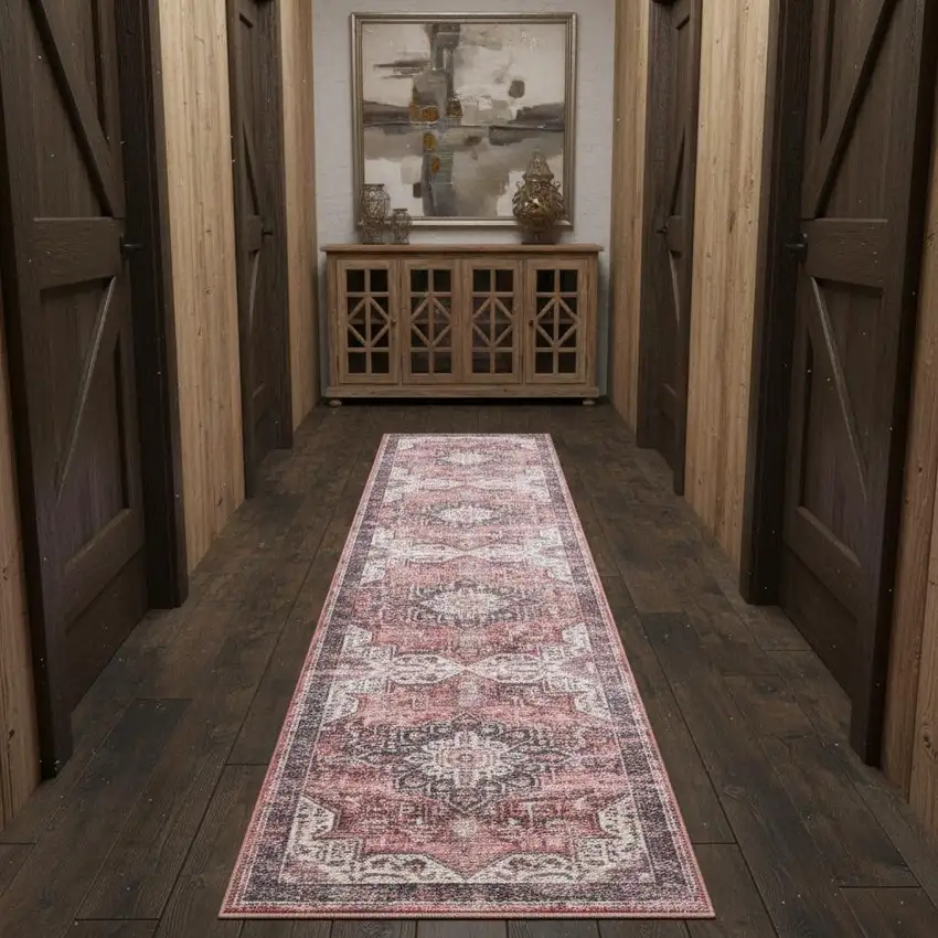 10' Red Floral Distressed Runner Rug Photo 1