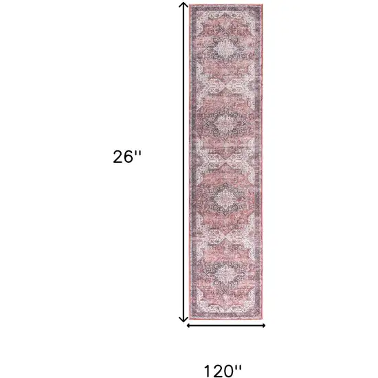 10' Red Floral Distressed Runner Rug Photo 3