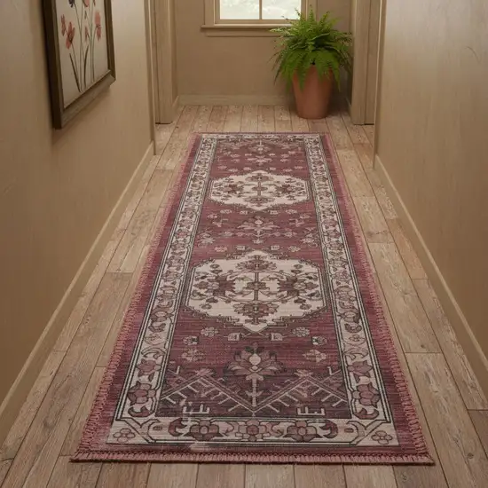 10' Red Floral Distressed Runner Rug Photo 1