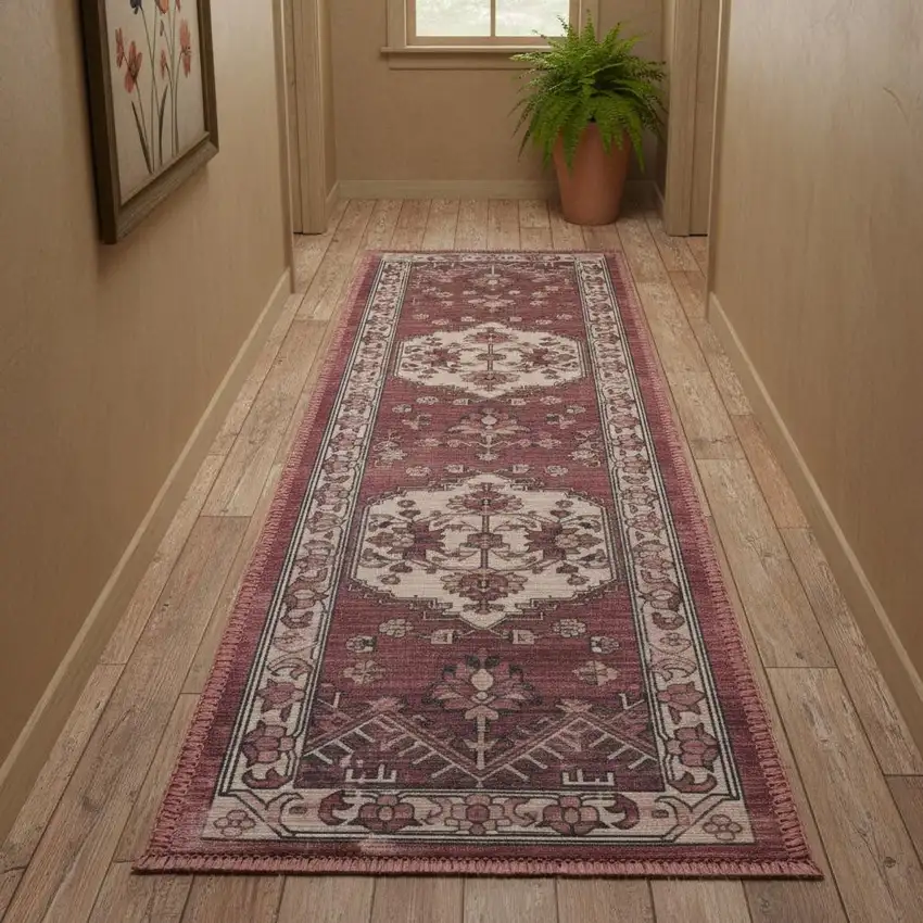 10' Red Floral Distressed Runner Rug Photo 1