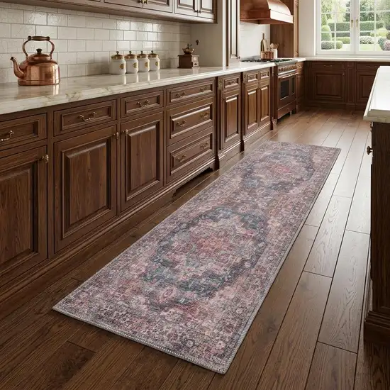 8' Red Floral Power Loom Distressed Washable Runner Rug Photo 1