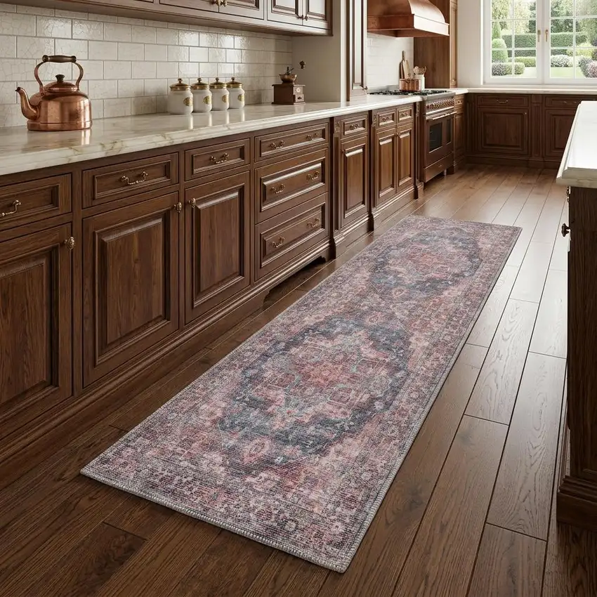 8' Red Floral Power Loom Distressed Washable Runner Rug Photo 1