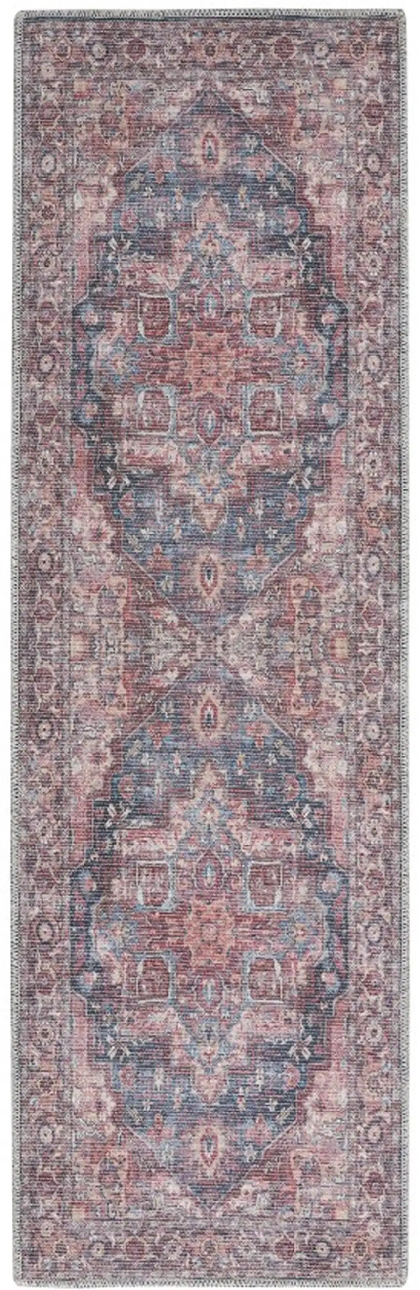8' Red Floral Power Loom Distressed Washable Runner Rug Photo 2