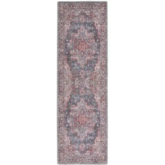 10' Red Floral Power Loom Distressed Washable Runner Rug Photo 2