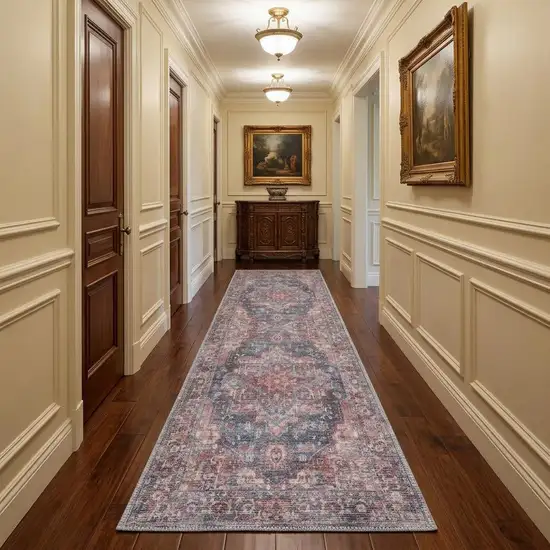 10' Red Floral Power Loom Distressed Washable Runner Rug Photo 1