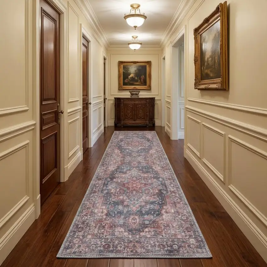 10' Red Floral Power Loom Distressed Washable Runner Rug Photo 1