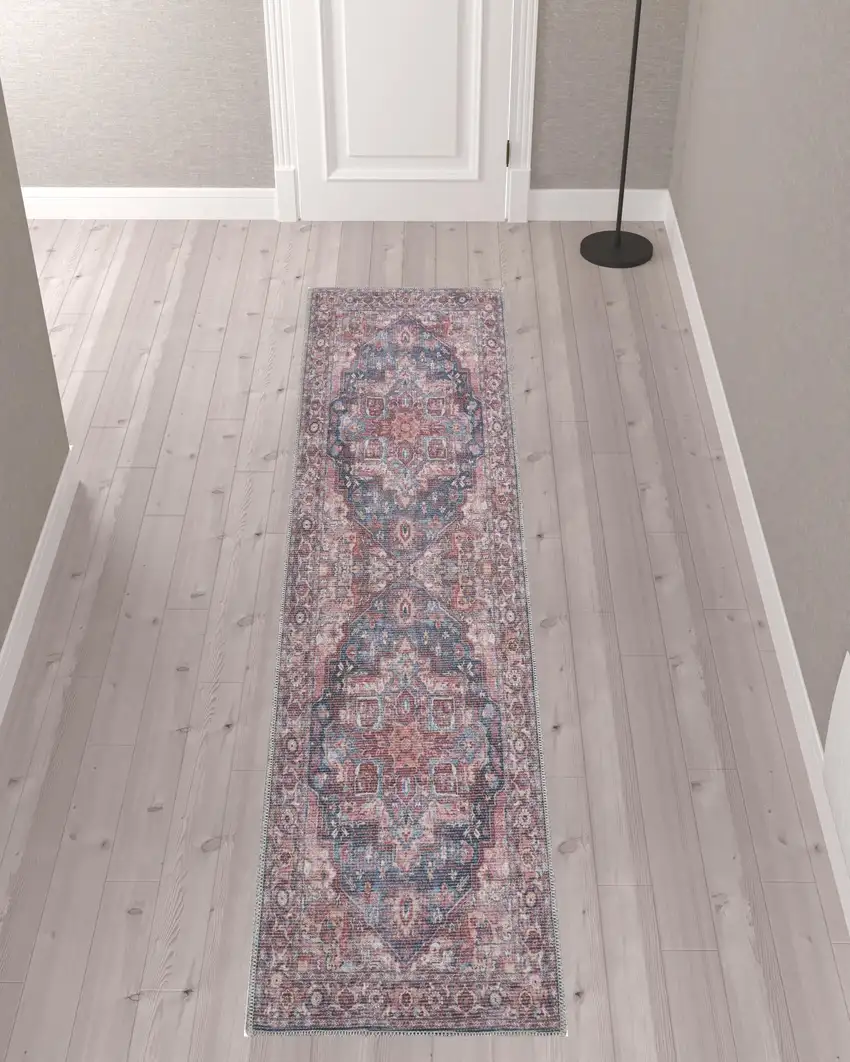 10' Red Floral Power Loom Distressed Washable Runner Rug Photo 2