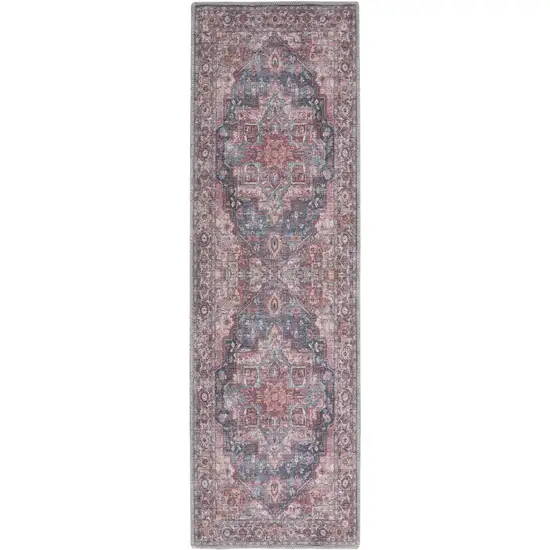 10' Red Floral Power Loom Distressed Washable Runner Rug Photo 1