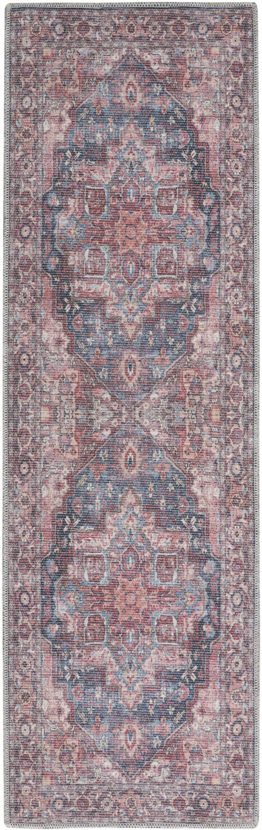 10' Red Floral Power Loom Distressed Washable Runner Rug Photo 1