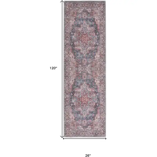 10' Red Floral Power Loom Distressed Washable Runner Rug Photo 7
