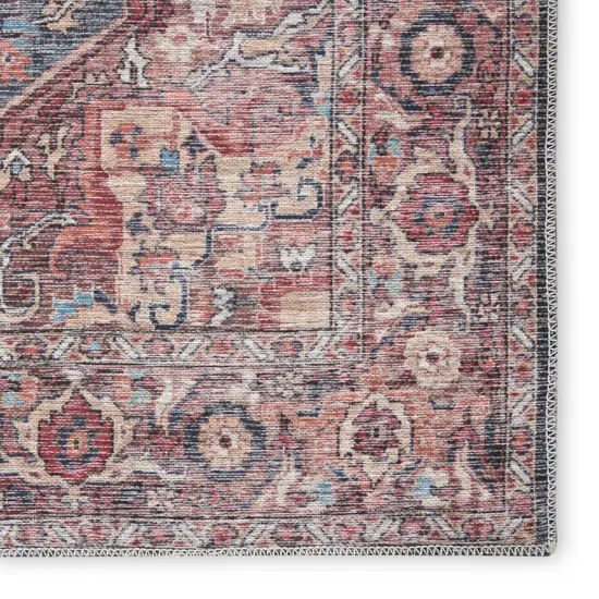 10' Red Floral Power Loom Distressed Washable Runner Rug Photo 3