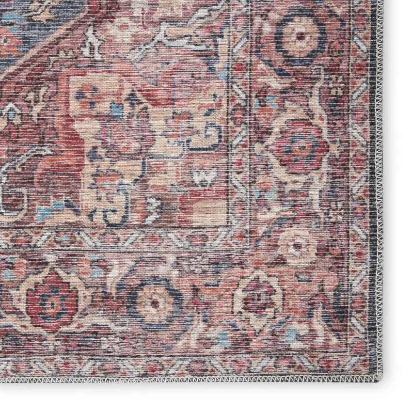 10' Red Floral Power Loom Distressed Washable Runner Rug Photo 3