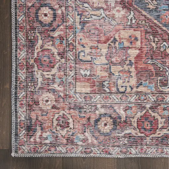 10' Red Floral Power Loom Distressed Washable Runner Rug Photo 3