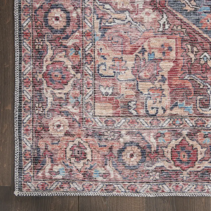 10' Red Floral Power Loom Distressed Washable Runner Rug Photo 3