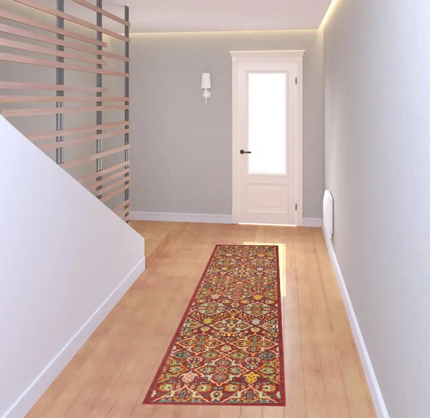 8' Red Floral Power Loom Runner Rug Photo 2