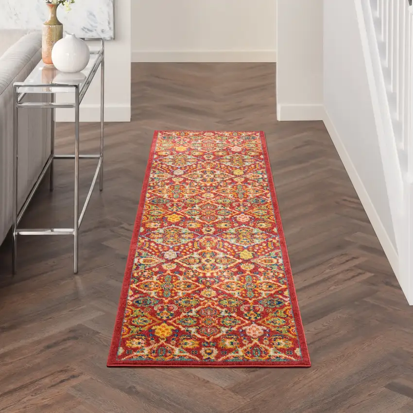 8' Red Floral Power Loom Runner Rug Photo 4