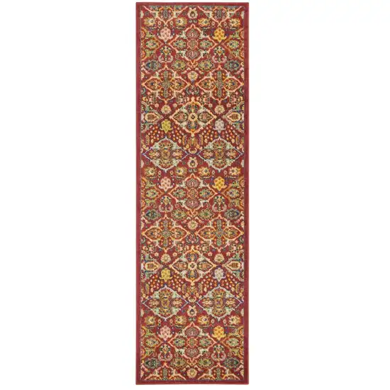 8' Red Floral Power Loom Runner Rug Photo 2