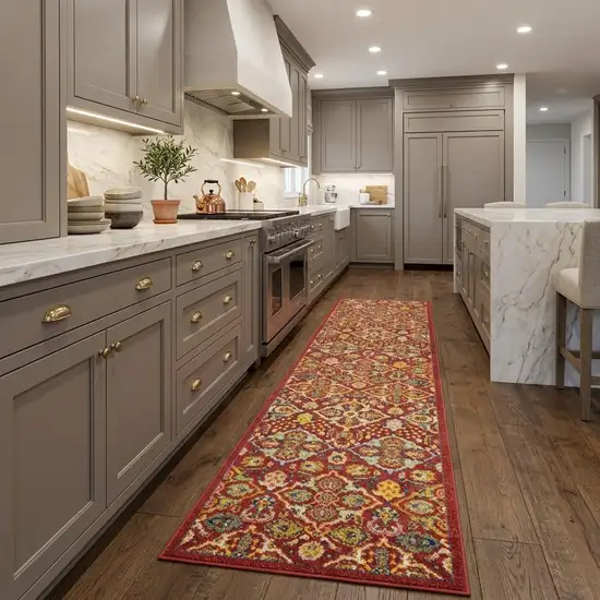 8' Red Floral Power Loom Runner Rug Photo 1