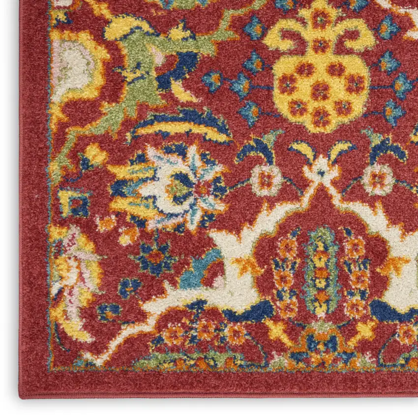 8' Red Floral Power Loom Runner Rug Photo 7