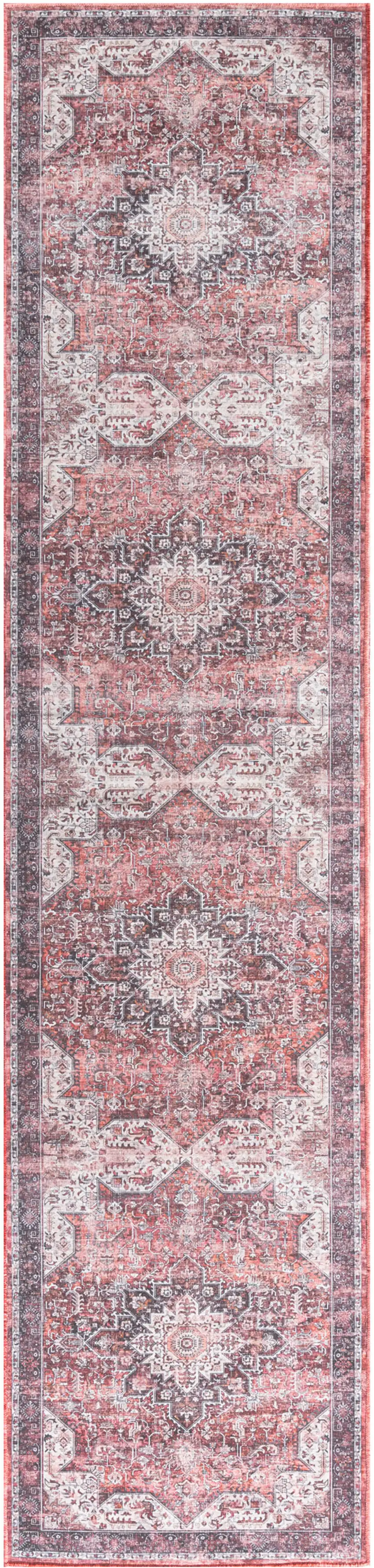 8' Red Floral Power Loom Worn Faded Non Skid Runner Rug Photo 6